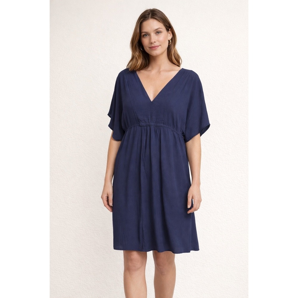 Lauren Ralph Lauren Navy Blue Viscose Gauze V Neck Midi Dress Womens M